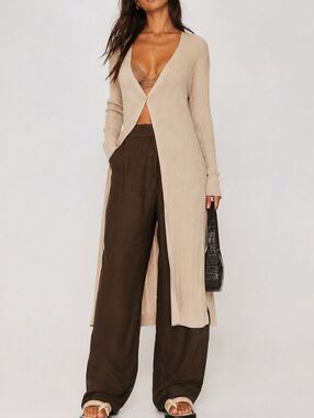 Like New FREE PEOPLE Skylight Maxi Cardigan Ribbed Knit Duster Quiet Luxury Boho